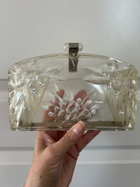 Vintage 50s Floral Etched Clutch with Rhinestone Accents